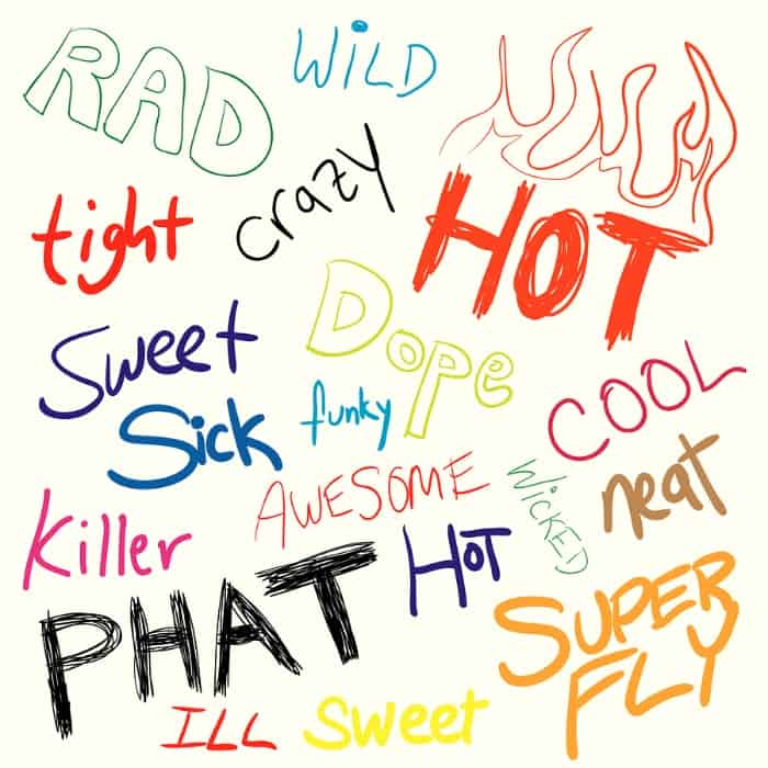 A variety of slang words and ebonics doodled in vector format.