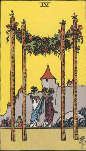 Which tarot cards indicate marriage? The Four of Wands is the happy relationship . It can also symbolize a wedding ceremony. 