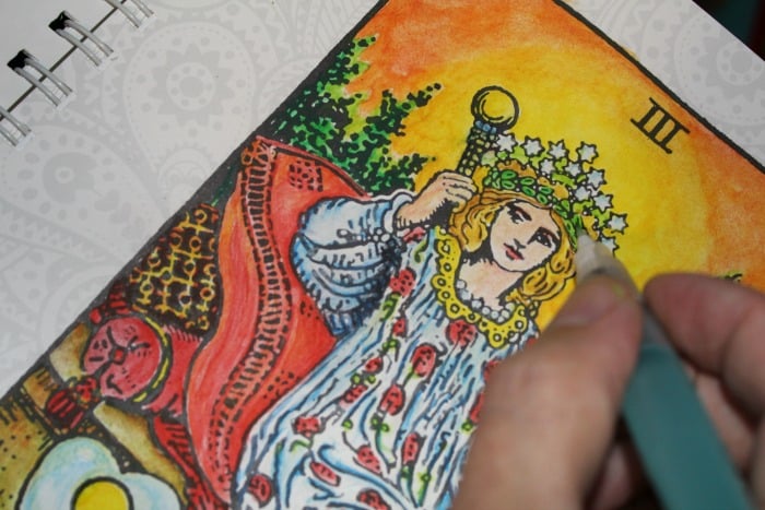 How to Bling The Tarot Coloring Book - Inktense pencils - The Empress - using the water brush.