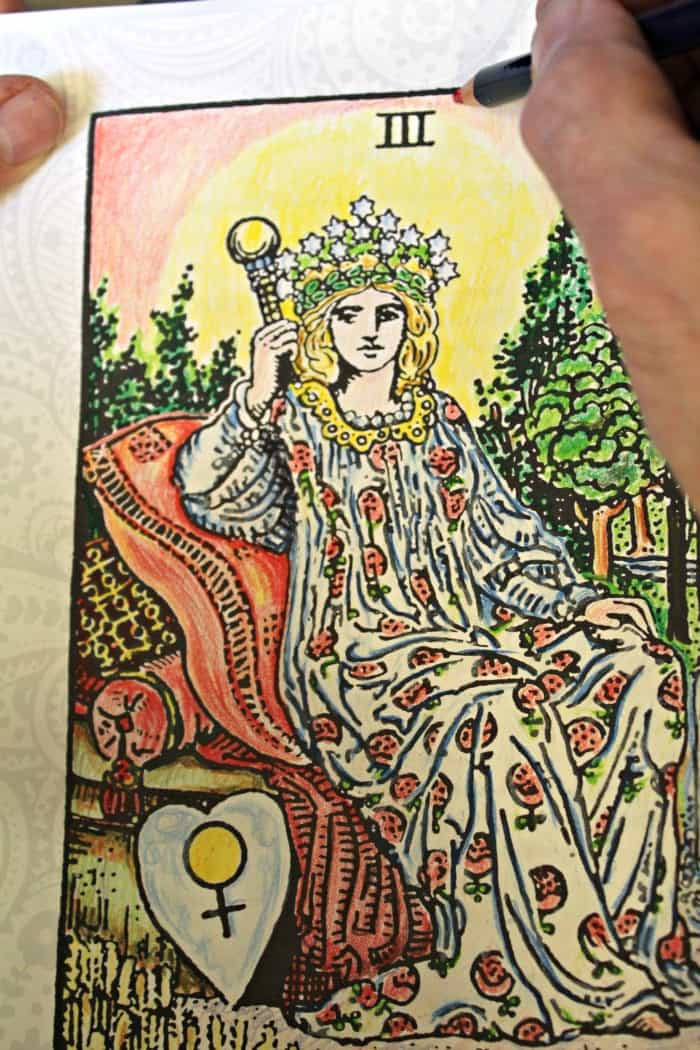 How to Bling The Tarot Coloring Book - Inktense pencils - The Empress - filling in more colors.