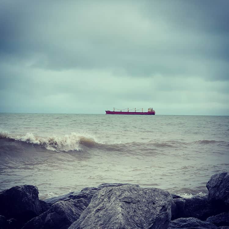 A ship on Lake Michigan on a windy December day. 
